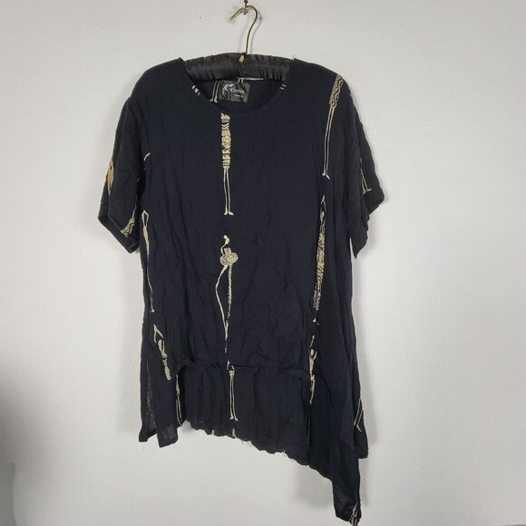 Exotica Carmel Womens Asymmetrical Black & Gold Printed Tunic Top Short Sleeve - Picture 1 of 8